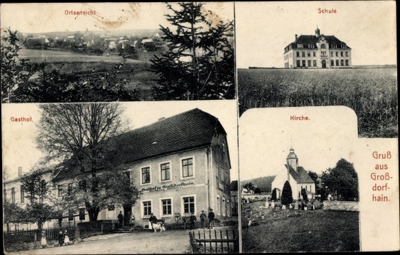 Ak Großdorfhain Dorfhain in Sachsen, Schule, Kirche, Gasthof, Ortsansicht
