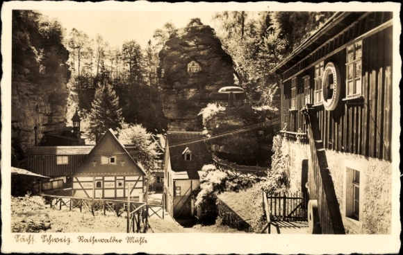 Ak Rathewalde Hohnstein Sächsische Schweiz, Rathewalder Mühle, Tächt. Schweiz, historische Müh...