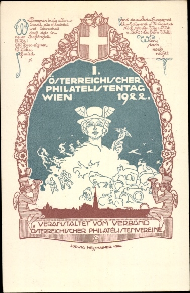Postwaardestuk kunstenaarsbriefkaart Hesshaimer, I. Oostenrijkse Filatelistendag 1922 Wenen, PP 94