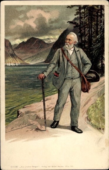 Kunstenaar Ansichtkaart Döcker, E., wandelende man, wandelstok, berg, waterspel