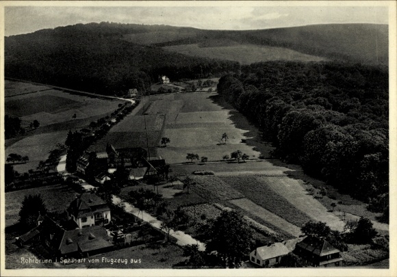 Postcard Rohrbrunn Spessart Weibersbrunn, aerial photograph of the village, fields