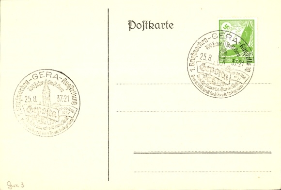 Postcard Gera in Thuringia, 1st stamp exhibition 1937, KdF, 700th anniversary 1937