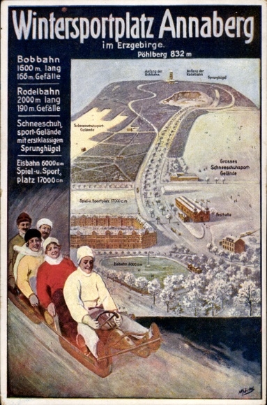 Künstler Ak Annaberg Buchholz Erzgebirge, Schlitten, Pöhlberg, Festhalle, Eisbahn
