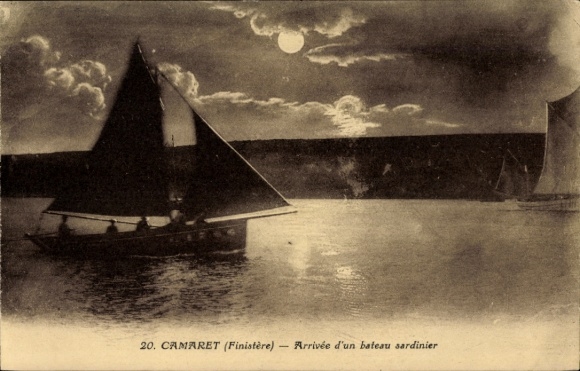 Postcard Camaret sur Mer Finistère, Arivee d'un bateau sardinier, moonlight