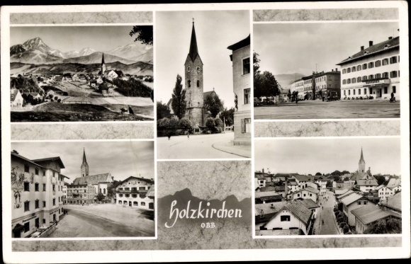 Postcard Holzkirchen in Upper Bavaria, total view, partial views, church, Oberbräu