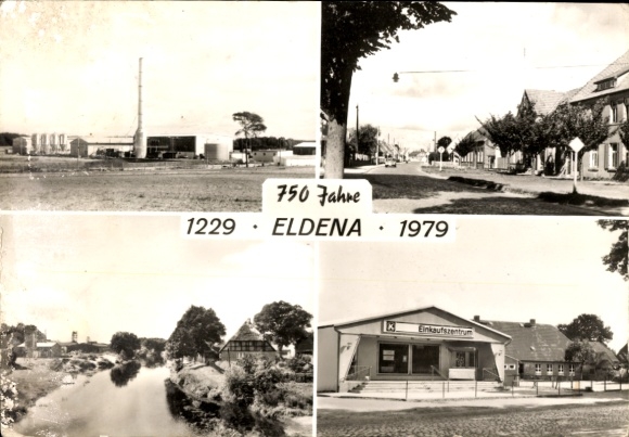 Postcard Eldena Mecklenburg, 750 years 1229-1979, multi-purpose drying plant, Bresegarder Str., shopping center