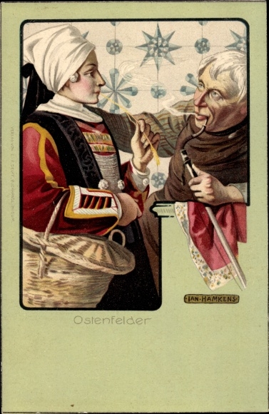 Artist Postcard Ostenfeld near Husum in North Frisia, Ostenfeld traditional costume couple, man with foam pipe
