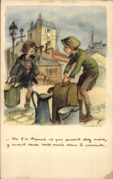 Artist PC Poulbot, Francisque, boy at the water pump, girl with a bucket