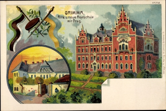Chromo-Litho Grimma in Saxony, old and new secondary school with prog., no. 2158