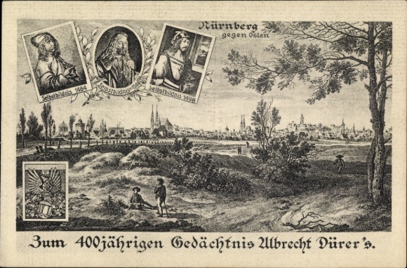 Postcard Nuremberg, historical view, 400-year memory of Albrecht Dürer 1898, self-portraits