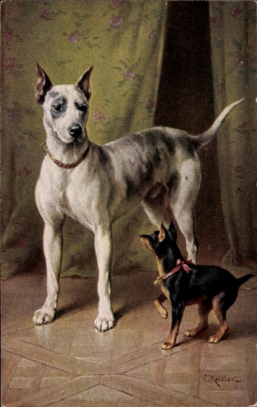 Artist Postcard Reichert, C., Two dogs, black and white dog