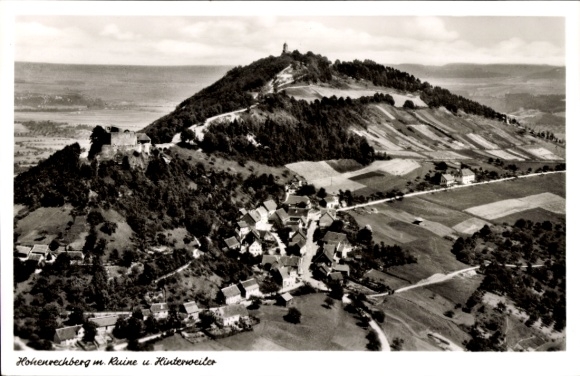 Postcard Rechberg Schwäbisch Gmünd in the Ostalbkreis, Hohenrechberg, aerial photograph, ruins, Hinterweiler