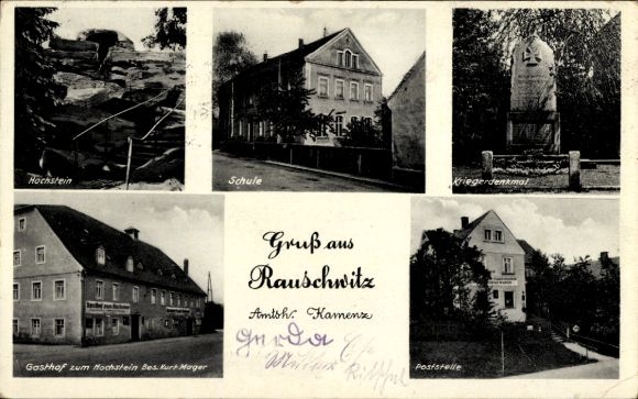 Ak Rauschwitz Elstra Oberlausitz, Hochstein, Schule, Gasthof zum Hochstein, Kriegerdenkmal, Post