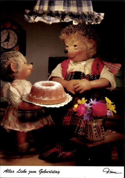 Postcard Mecki the Hedgehog, Happy Birthday, Hedgehog Woman, Hedgehog Child with Cake