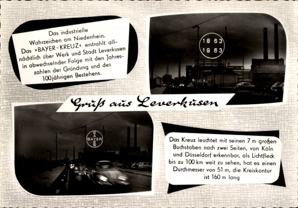 Postcard Leverkusen in the Rhineland, The BAYER-CROSS, industrial landmark, illuminated at night, 100 years