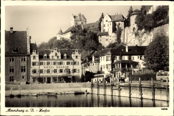 Postcard Meersburg on Lake Constance, Hotel Serhof, Meersburg a. B., harbor, black and white photography