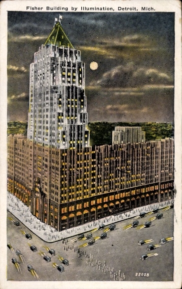 Ak Detroit Michigan USA, Fisher Building, Verlichting, Nachtzicht, Michigan