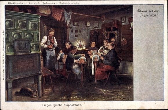 Artist Postcard lace making in the Ore Mountains, tiled stove
