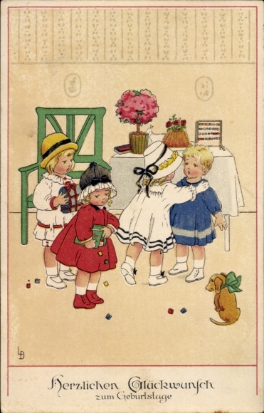 Artist Postcard Döring, Lia, The Hero of the Day, Happy Birthday, Cake Table, Meissner and Book