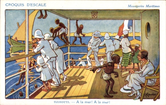 Ak Djibouti Dschibuti, Menschen auf einem Schiff, Blick auf das Meer, Segelboote, warme Farben
