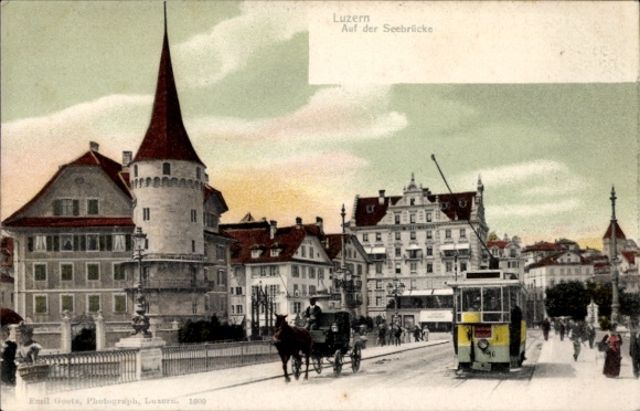 Ak Lucerne Luzern Stadt Schweiz,  Seebrücke, Tram, Pferdewagen,  Gebäude