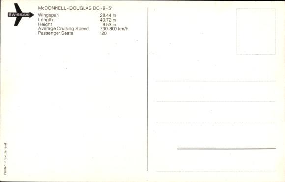 Postcard passenger aircraft, SwissAir, McDonnell Douglas DC-9-51