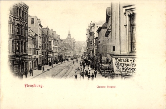 Ak Flensburg in Schleswig Holstein,  Große Straße, Tabakgeschäft, Bahnhof