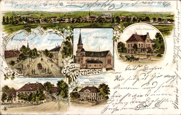 Chromo-Litho Hötensleben Börde district, Villa Victoria, Catholic Church, Panorama, Restaurant