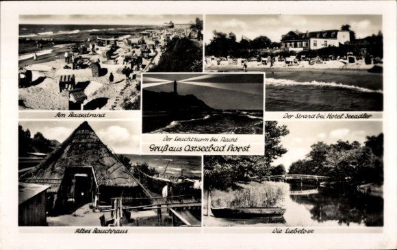 Postcard Niechorze Horst Pommern, Baltic Sea resort, beach, Hotel Seeadler, smokehouse, lighthouse, loveless