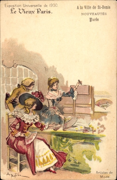 Artist Chromo-Litho Robida, Old Paris, Expo 1900, Guerin Boutron chocolate, fashion items