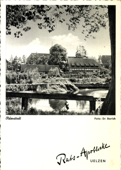 Postcard Oldenstadt Uelzen in Lower Saxony, landscape photograph, buildings, river, trees, Oldenstadt