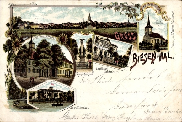 Chromo-Litho Biesenthal Barnim Brandenburg, war memorial, lakeside castle, restaurant Fichtenhain
