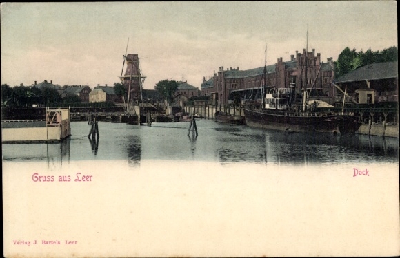 Postcard Leer in East Frisia, harbor, dock, windmill