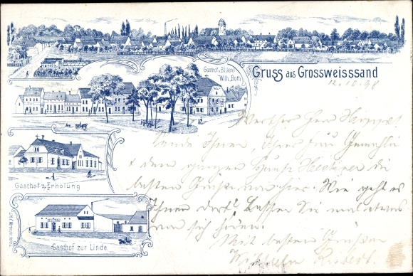 litho Groß Weißandt Gölzau in Anhalt, herberg voor recreatie, aan de lindeboom, uitzicht op de stad