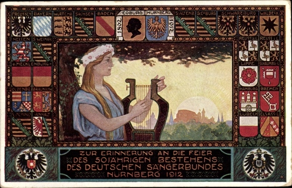 Coat of arms artist PC Schmidt, C., Nuremberg, 50th anniversary of the German Singers&#39; Association 1912, Singers&#39; Association Festival