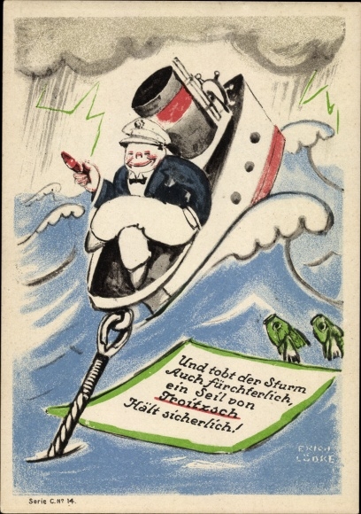 Artist PC Lüdke, E., Berlin Tempelhof, rope and cable works F. Troitzsch, steamer, storm