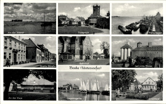 Postcard Brake on the Lower Weser in Oldenburg, train station, sailing regatta, Breite Straße, grain silos