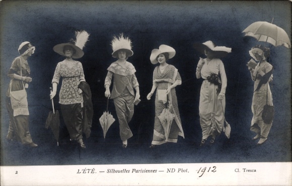 KP Summer, paryskie sylwetki, kobiety w sukienkach, z kapeluszami i parasolkami, 1912