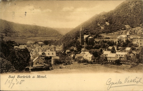 Postcard Bad Bertrich on the Mosel Eifel, landscape with mountains, church, numerous houses, near the river