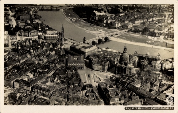 Postcard Dresden, aerial view, city view, river, bridge