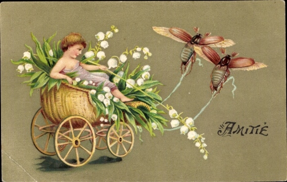 Postcard May beetles pulling a carriage, lilies of the valley