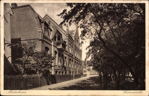 Postcard North Sea resort Norderney East Frisia, Marienheim, front view, architecture, trees, street