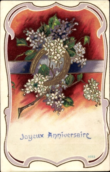 Embossed passepartout PC Joyeux Anniversaire, flowers, horseshoe