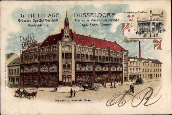 litho Düsseldorf, speciaalzaak G. Hettlage, tentoonstellingspaviljoen, Klosterstrasse en Kreuzstrasse