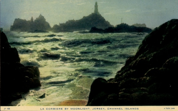 Postcard St. Brélade Channel Island Jersey, La Corbière Lighthouse in the moonlight