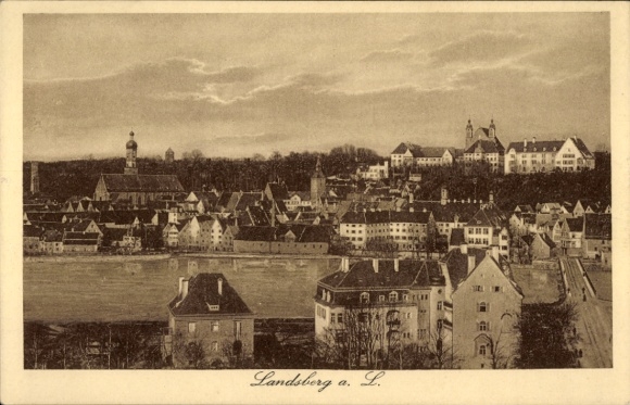 Postcard Landsberg am Lech Upper Bavaria, city view of Landsberg, river in the foreground, buildings