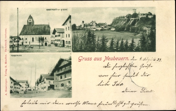Postcard Neubeuern in Oberbayern, market square, church, view of the town