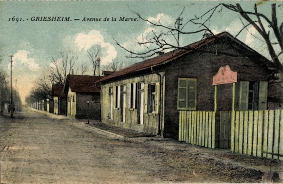 Postcard Griesheim near Molsheim Alsace Bas Rhin, Avenue de la Marne, street with houses, trees, long...