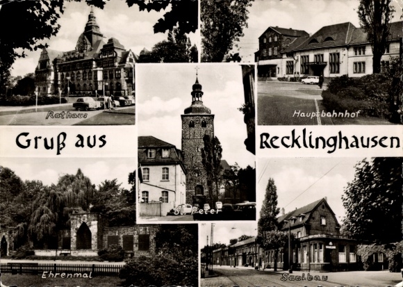 Postcard Recklinghausen in the Ruhr area, town hall, main station, memorial, hall building
