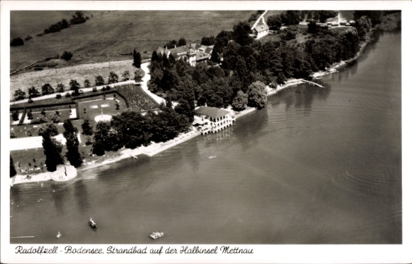 Postcard Mettnau Radolfzell am Bodensee, Radolfzell Lake Constance, beach on the Mettnau peninsula, aerial photograph